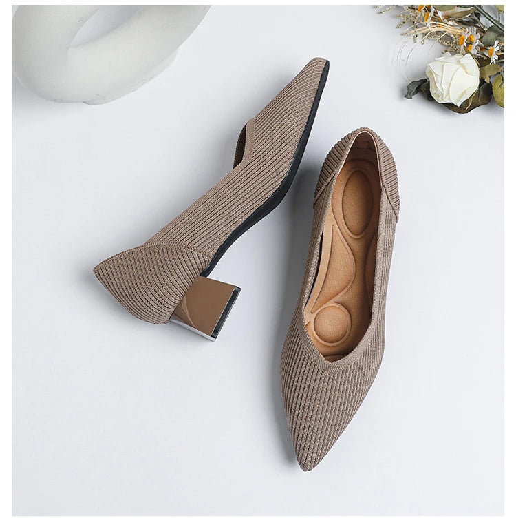2026 New Women's High Heels Large 42/43 Fashion Pointed Anti slip Rubber Bottom Knitted Breathable Shoes