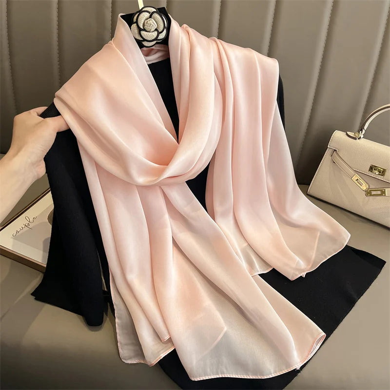2024 Luxury Brand Silk Scarf for Women Large Shawl Wrap Headband Solid Design Hijab Beach Stoles Female Foulard Echarpe Bandana