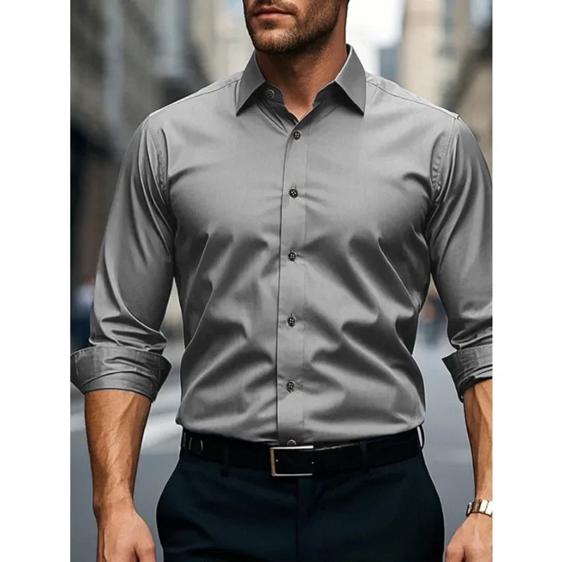2025 Men's Shirt Brand New Solid Color Long Sleeve Smart Casual Four Season Elastic Male Business Shirts