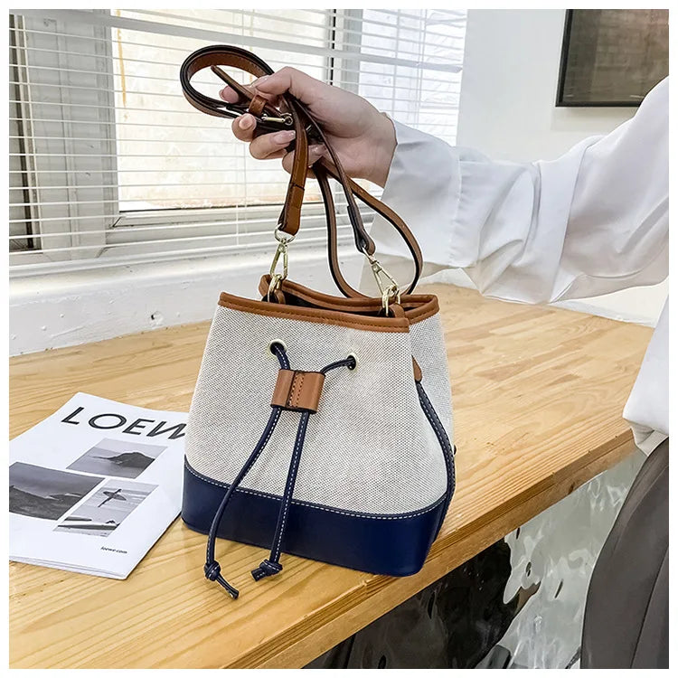 Canvas Bucket Bag Luxury Designer Handbags Women PU Shoulder Bag Fashion Crossbody Daily Commuting Tote Bag