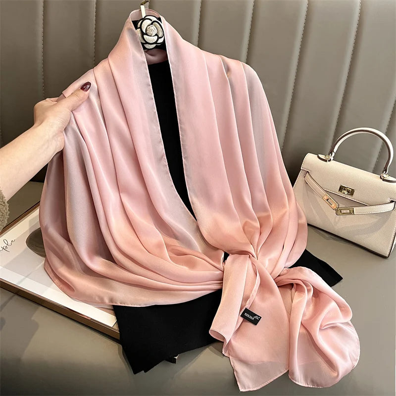 2024 Luxury Brand Silk Scarf for Women Large Shawl Wrap Headband Solid Design Hijab Beach Stoles Female Foulard Echarpe Bandana