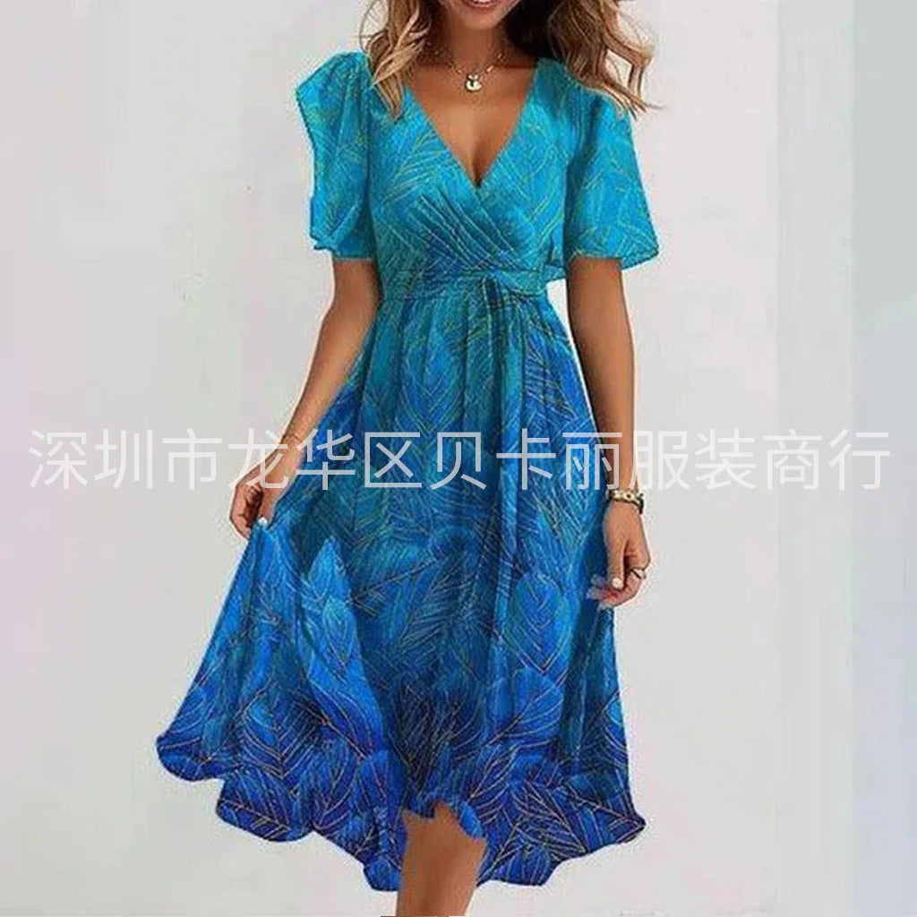 Elegant Floral Print Boho Party Dress Summer V Neck Short Sleeve Knee Length Vestidos BKLFZ-1616