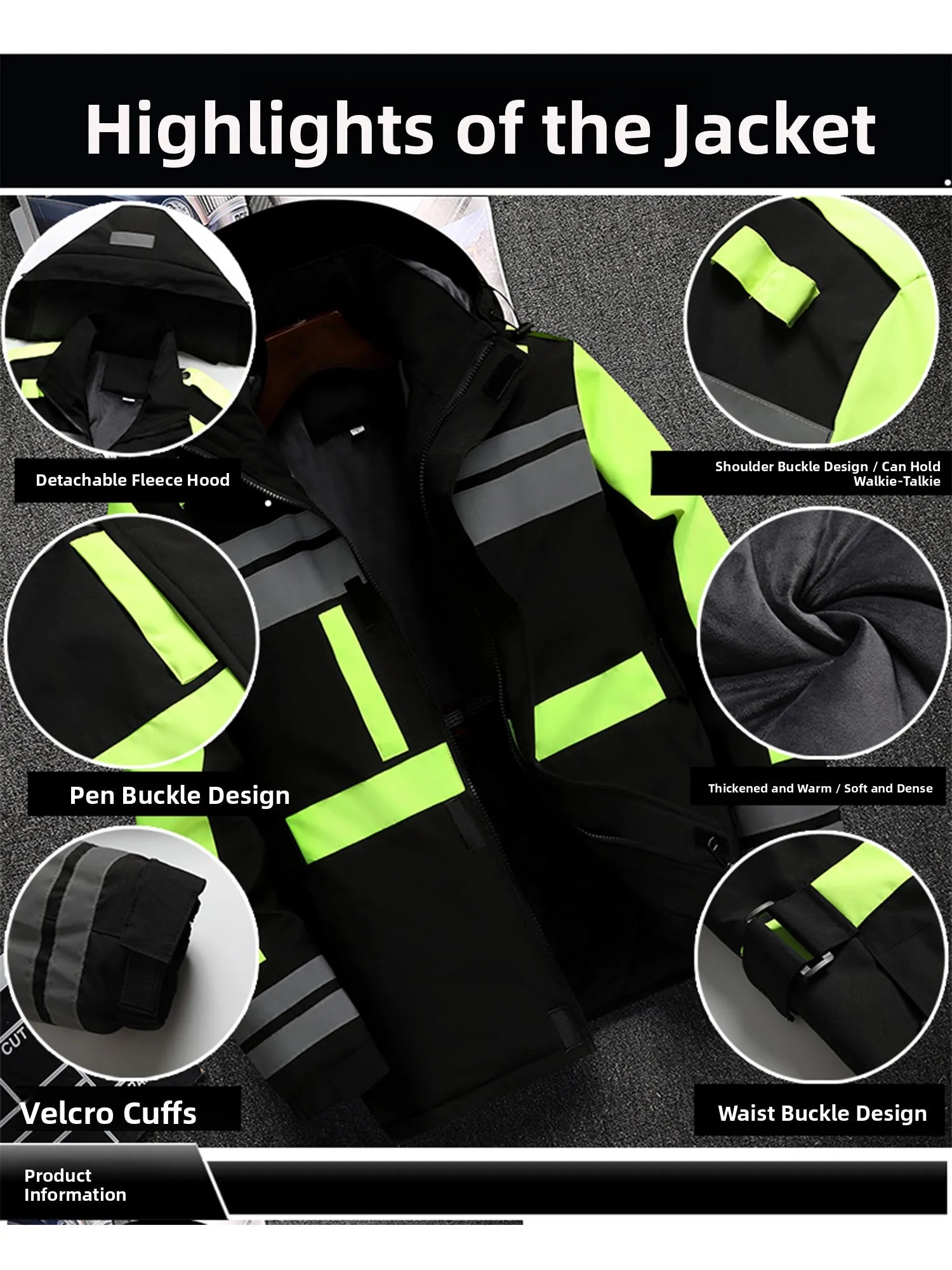 Thiened Fce Workwear Jaet ex Warm Windproof Reflective Cotton Coat Men's Casual Sle Removable Hat Zipper Closure