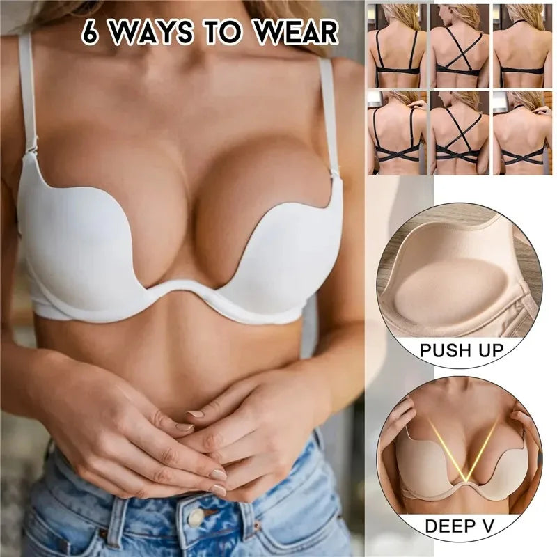 Sexy Women Lingerie Backless Bras Underwear Deep V Low Cut Push Up Bra Intimates Female Sport Yoga Bralette Low Back Invisible