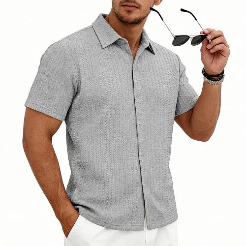 European and American Men's Casual Jacquard Shirt Men's Summer Solid Color Lapel Breathable Men's Short-Sleeved Shirt Top