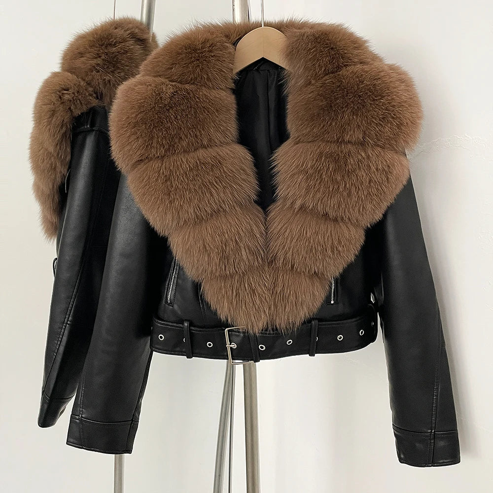 Elegant Faux Leather Jacket Female New Natural Fox Fur Autumn Short Top Clothing PU Women Long Sleeve Fake Leather Real Fur Coat