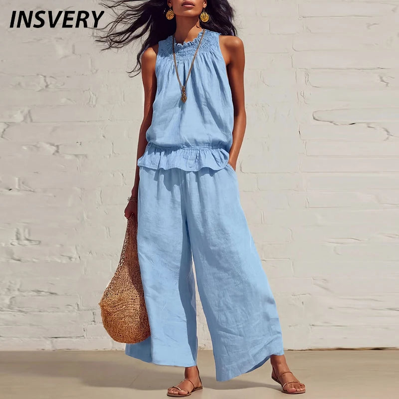 Summer Cotton Linen Solid Color Sleeveless Vest Top Women Pants Suit Casual Pocket Elegant Female Office Retro 2 Piece Set