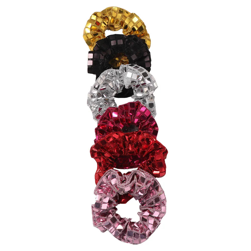 6pcs Square Sequin Sequin Hair Rope Retro Disco Pleated Design Rubber Bands Set Ponytail Holder Super Shiny