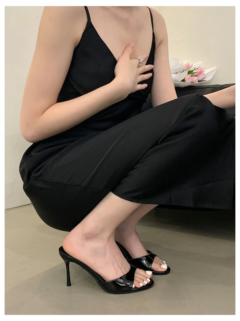 2026 Fashion Sexy Thin High Heels Slides Women Open Toe Pumps Slip Sandal Female Slippers Mule Patent Leather Outdoor Flip Flops