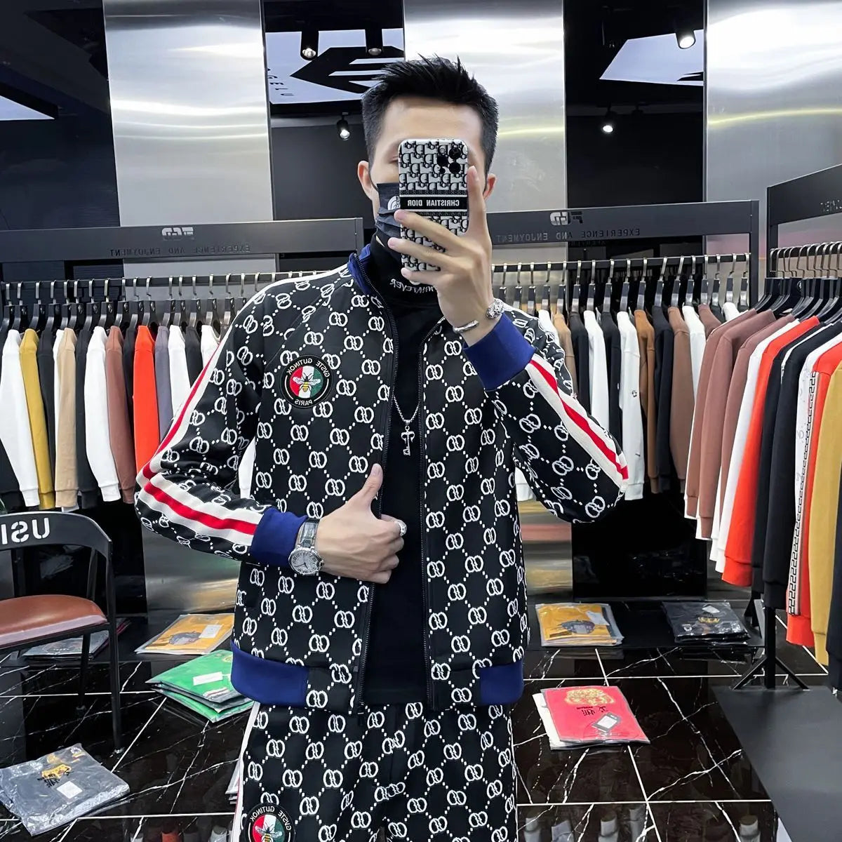 New spring and summer men's high-end sports and leisure trendy brand suit jacket sweater two-piece set large size men's