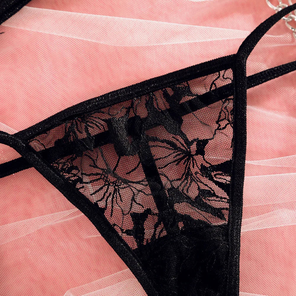 Fancy Floral Embroidery Lingerie Set Sexy Women Transparent Mesh Sheer Erotic Suit Metal Chain Bra Thong Garter Underwear Set