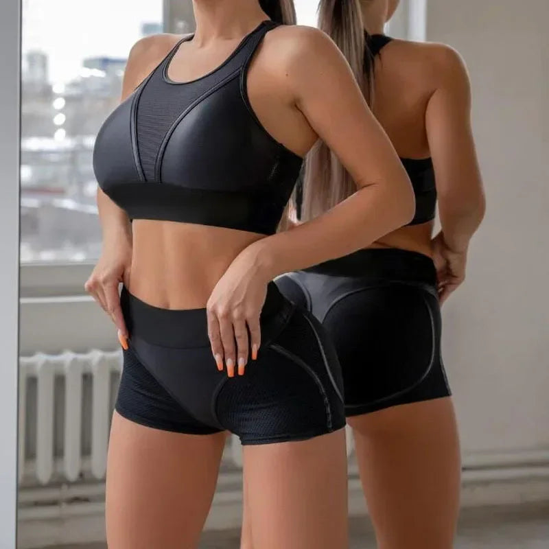 Mesh Sports Suit for Fitness Transparent Gym Set Woman Sportwear New Tracksuit Yoga Clothes Biker Bicycle Booty Shorts Kit Black