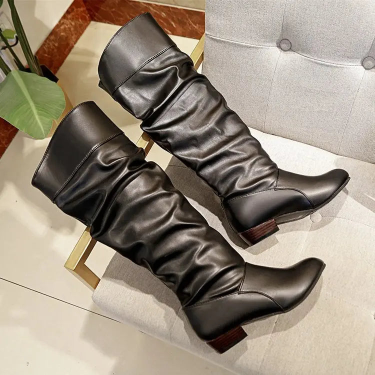 Autumn and Winter New Knee High Boots Women Designer Heel High Black Boots Women's Leather Boots Plus Size 35-43 Botas De Mujer