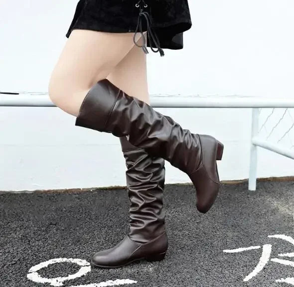 Quality Women's leather PU Knee High Boots Folding Slip on Winter High Boots Casual Low Heels White Black Long Slim Boots Ladies
