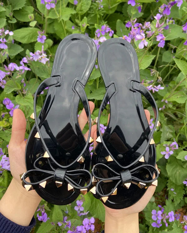 Ladies Leisure Waterproof Shoes Summer Zoris Slippers In Flats Clear Yellow Flip-Flops With Gold Stud Bow-Knot PVC Slides 36-42