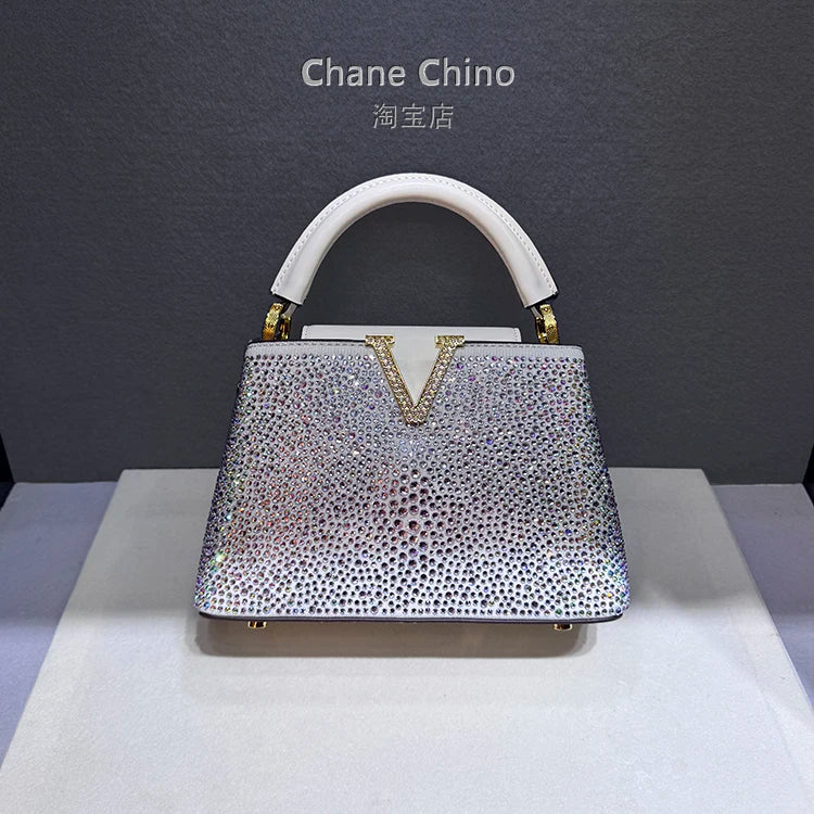 High Luxury Genuine Leather Diamonds Tote Women's Handbags 2025 Small Evening Bag V Letter Rhinestone Shoulder Crossbody Bags