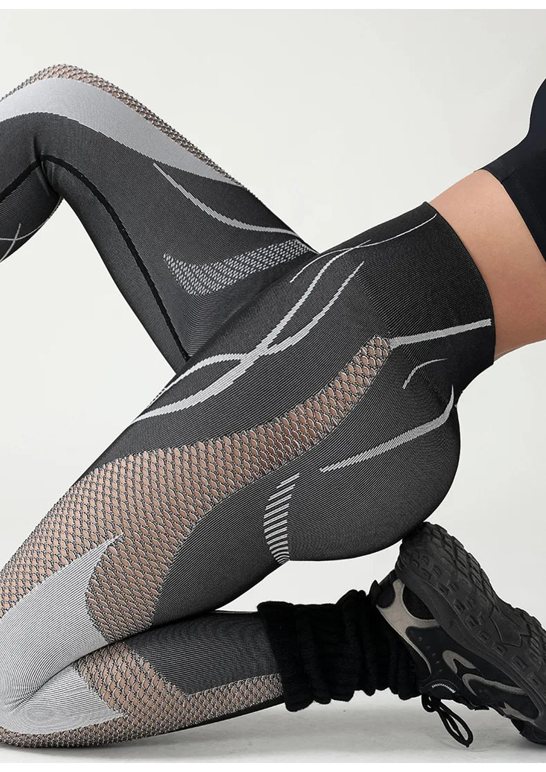 Seamless Hollow Mesh Panel Scrunch Booty Leggings High Waist Workout Sports Tights