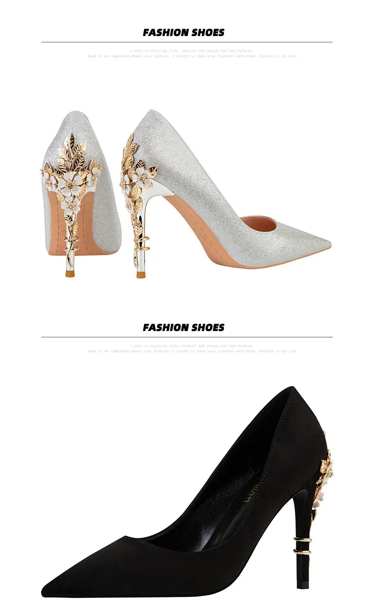 High End Metal Flower High Heels New European American Fashion Luxury Sexy Pointed Women's Shoes Banquet Party Casual Shoes