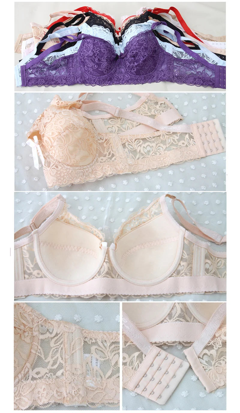 Women Push Up Black Lingerei Sexy Bra Underwire Thin Cotton Padded Lace Sheer Minimizer Bra Big Bust 80-115 B C D Cup Bra C3306