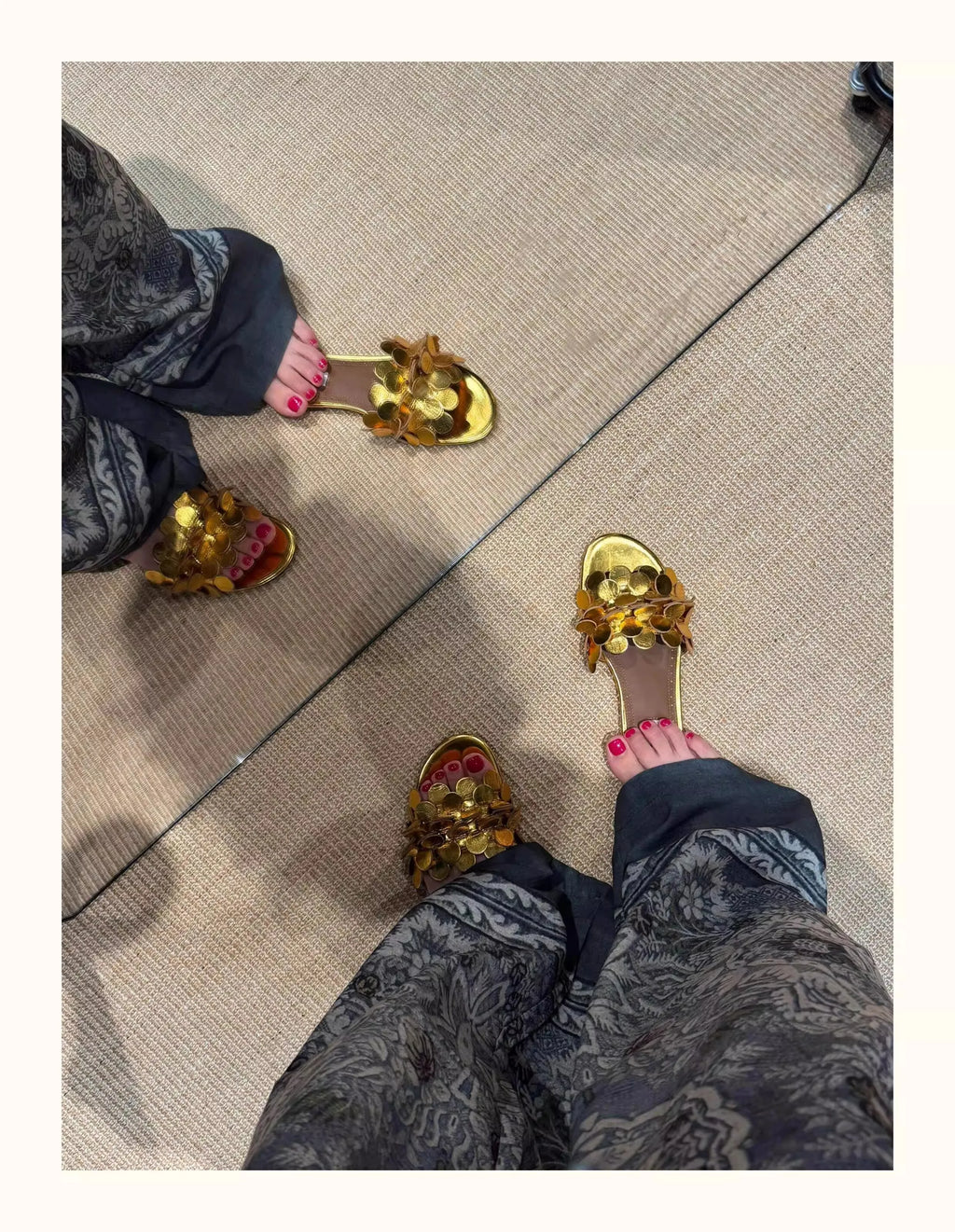 Flower Genuine Leather Flat Bottom Cool Slippers for Women's Casual Versatile One line Dragging Style Vacation Outerwear Beach S
