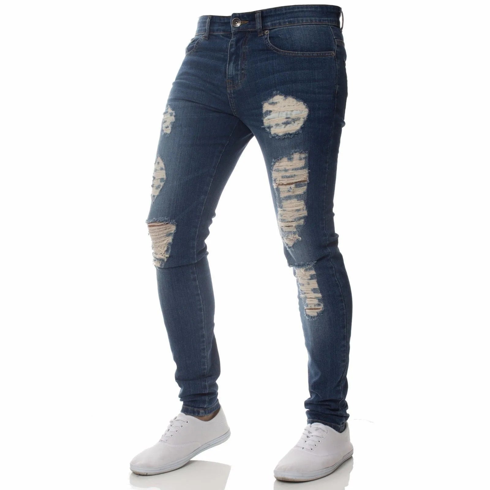 Men Jeans Knee Hole Ripped Stretch Skinny Denim Pants Solid Color Black Blue Autumn Summer Hip-Hop Style Slim Fit Trousers S-4XL