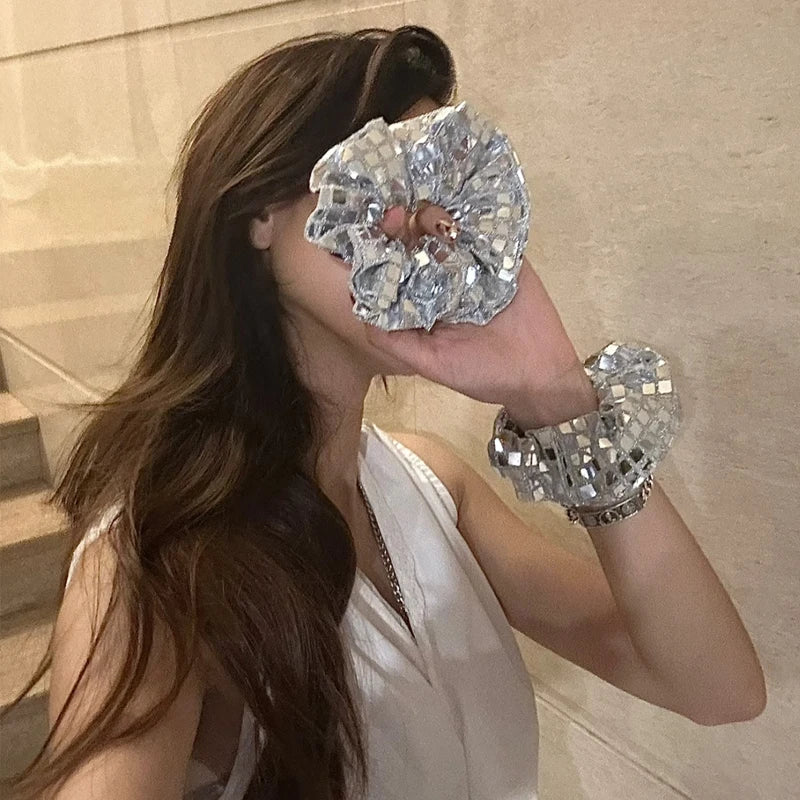 y2k Scrunchies Metal Silver Grid Medium Size Hair Tie Sweet Simple Elastic Hair Band Women Hair Accessories Daily Headwear