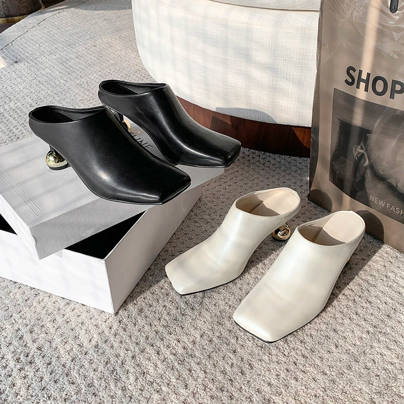 White Sheepskin Square Head Women's Slipper Baotou Textured Elegant Commuter Casual Simple Sense of Classic Wine Glass Heels New