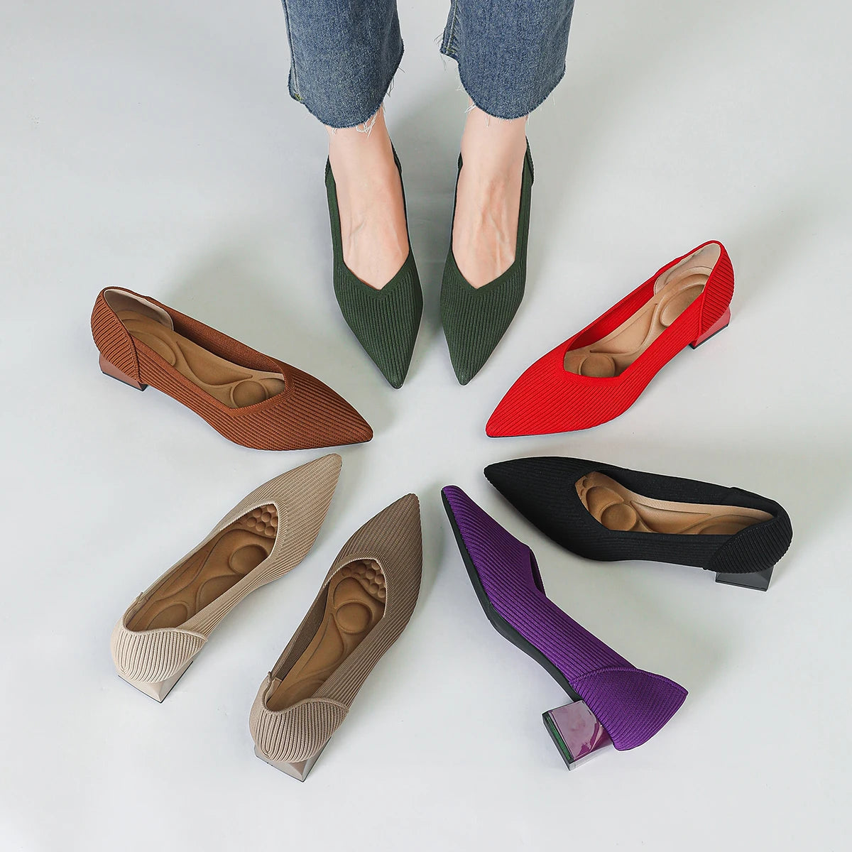 2026 New Women's High Heels Large 42/43 Fashion Pointed Anti slip Rubber Bottom Knitted Breathable Shoes