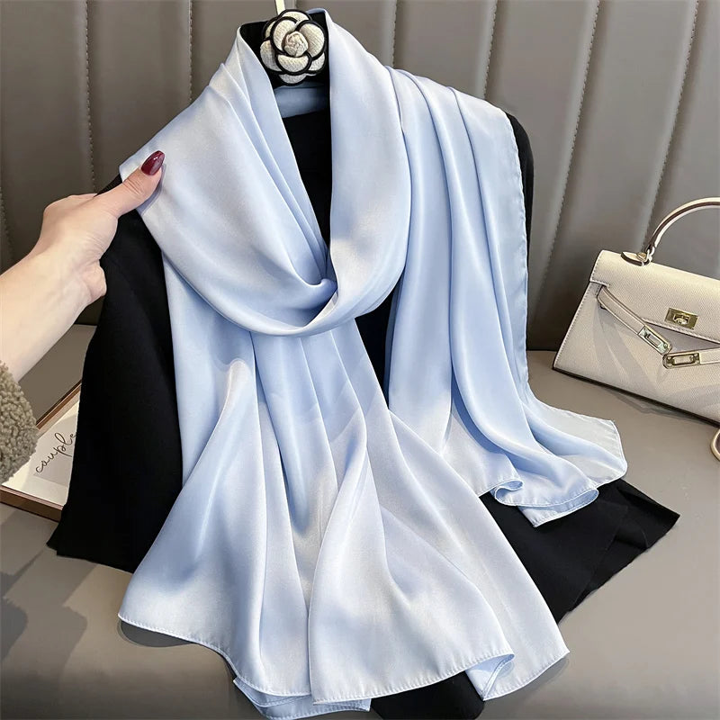 2024 Luxury Brand Silk Scarf for Women Large Shawl Wrap Headband Solid Design Hijab Beach Stoles Female Foulard Echarpe Bandana
