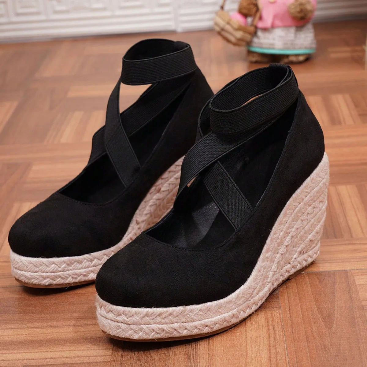 Women's Suede Espadrille Wedge Sandals Closed Toe Elastic Ankle Strap Platform Heels Casual Summer Wedge Shoes Beach Sandals