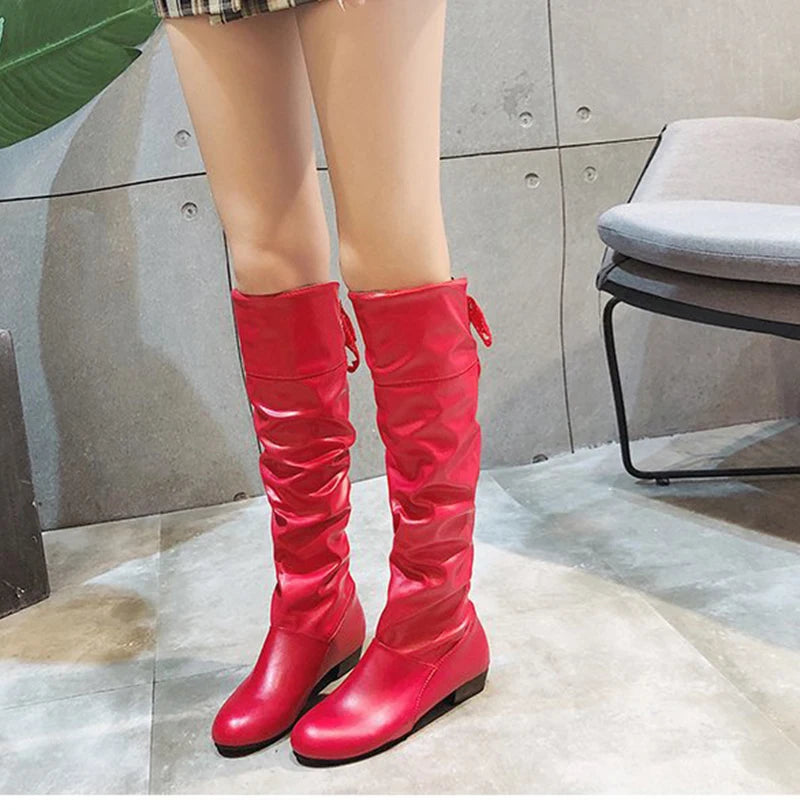Shoes For Women  Knee High Boots Red Black White Tall Boots Woman Pleated Low Heel Casual Leather Female Long Shoes 2024