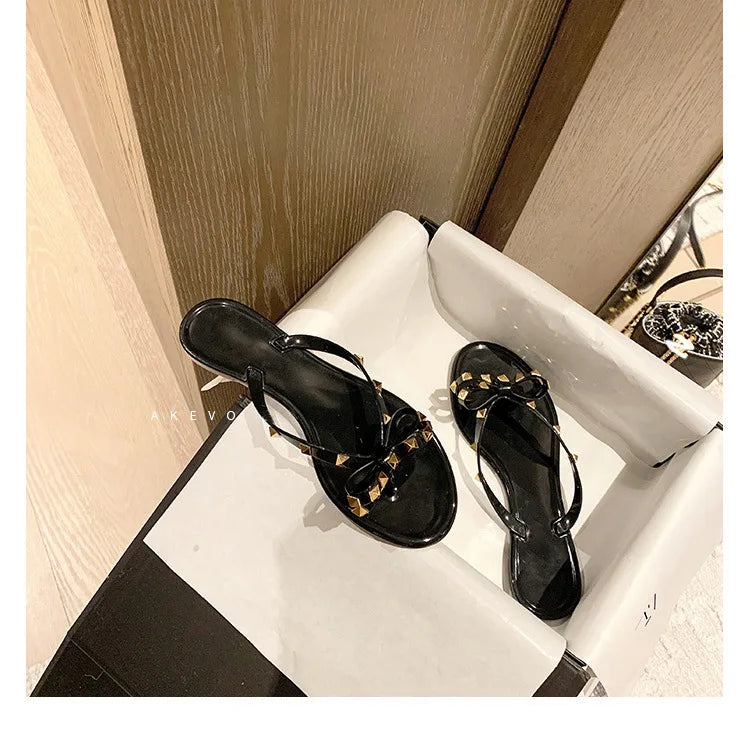 Ladies Leisure Waterproof Shoes Summer Zoris Slippers In Flats Clear Yellow Flip-Flops With Gold Stud Bow-Knot PVC Slides 36-42