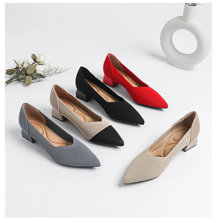2026 New Women's High Heels Large 42/43 Fashion Pointed Anti slip Rubber Bottom Knitted Breathable Shoes