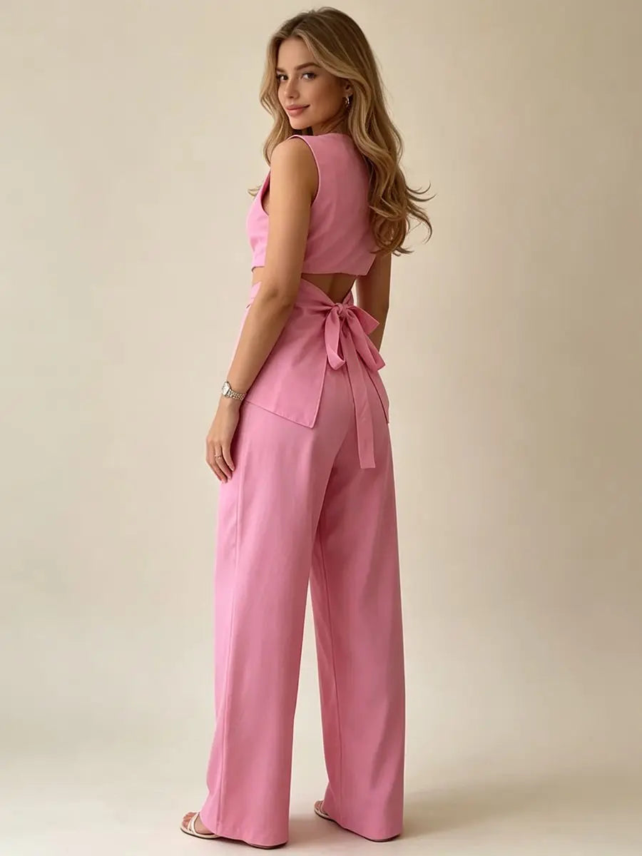 2026 Women Elegant Back Tie Sleeveless Peplum Top + Wide Leg Pants 2 Piece Casual Set