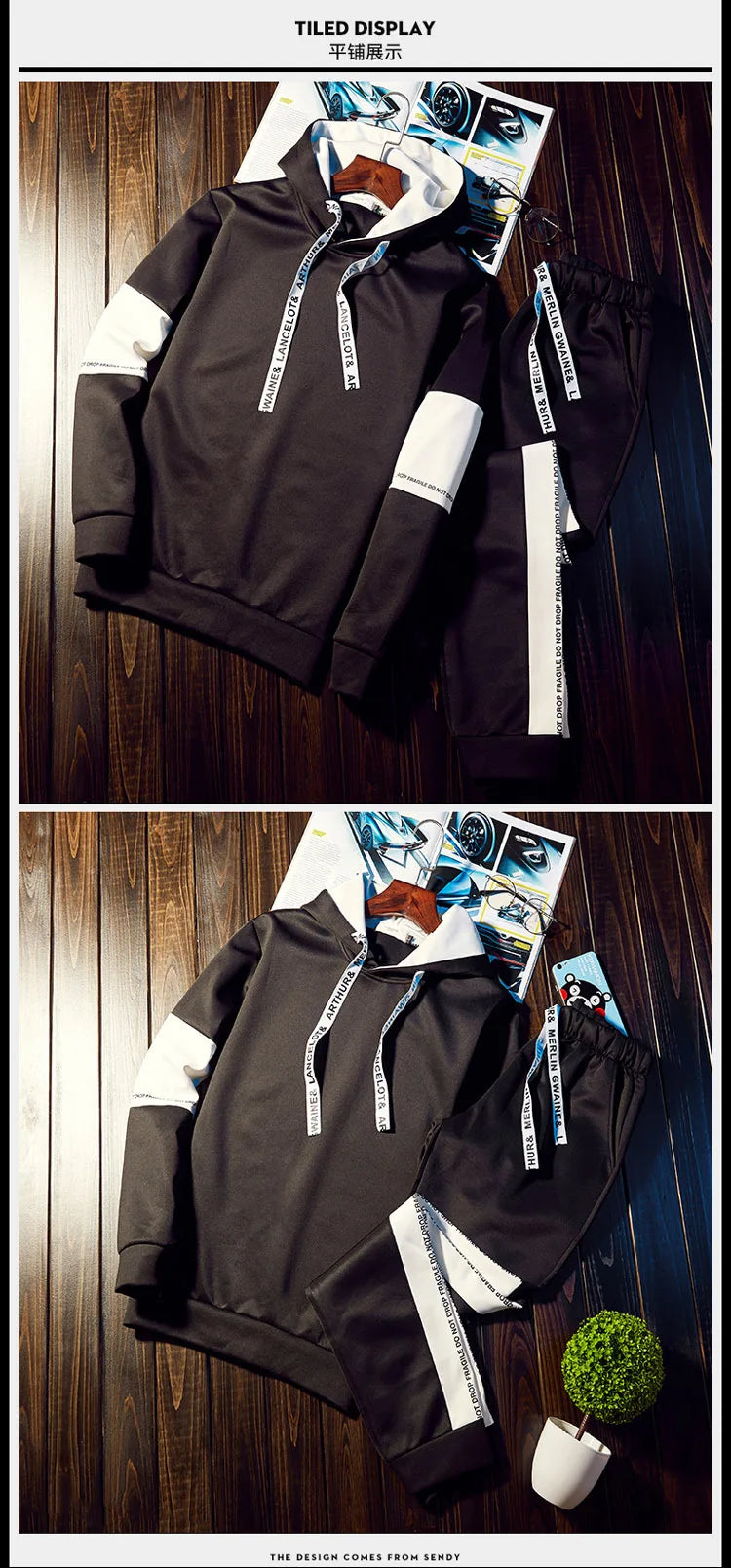 Autumn Unisex Korean Color Block Hooded Two Piece Tracksuit Letter Print Drawstring Hoodie Jogger Pants Loose Hip Hop Student Da