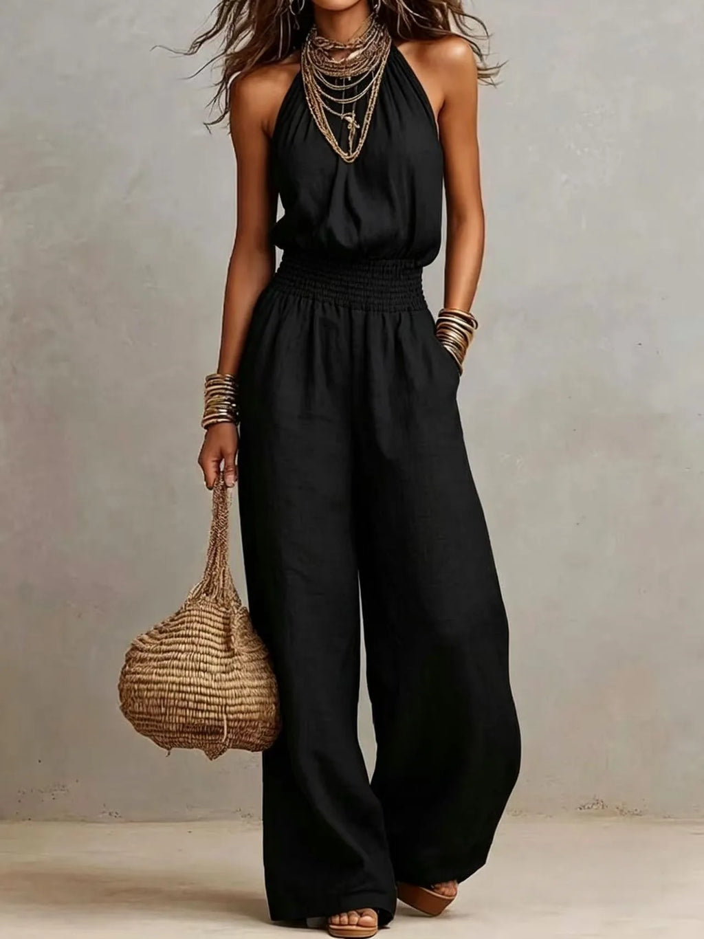 New Sleeveless Linen Backless Jumpsuit Women's Cross-Border Street Style Wide Leg Pants Long Trousers No Neck Label