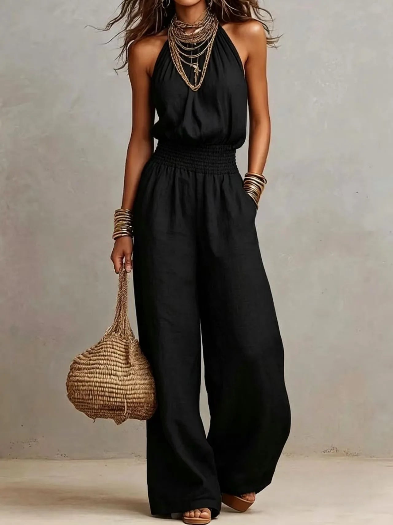 New Sleeveless Linen Backless Jumpsuit Women's Cross-Border Street Style Wide Leg Pants Long Trousers No Neck Label