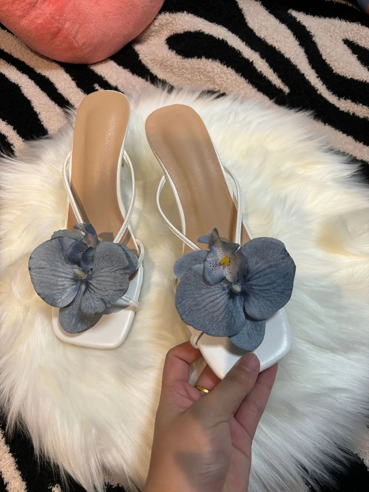 Orchid Flower Summer New High Heeled Women White Pink Blue Purple Floral Heels Square Toe Prom Slipper Slingback Shoes for Women