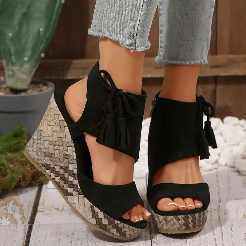Bohemia Tassel Decoration Side Zip Sandals Women 2026 Summer Chunky Platform Wedge Heel Sandals Sexy Super High Heel Beach Shoes