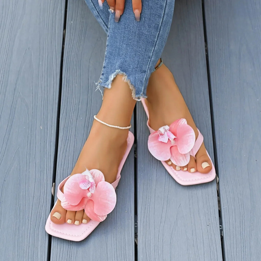 Women Slippers Summer Flip Flops Square Toe Flat Sandals Outdoor Casual Slippers Women Fashion Flowers Shoes Ladies Slides Women