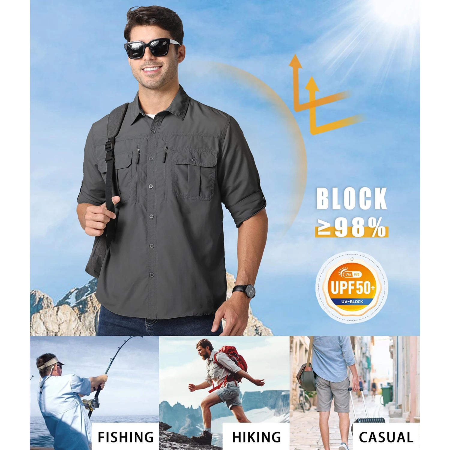 MAGCOMSEN Men UPF 50+ Safari Cargo Shirt Quick Dry Mesh Breathable Long Sleeve Zip Pockets Outdoor Hiking Fishing Work Tops