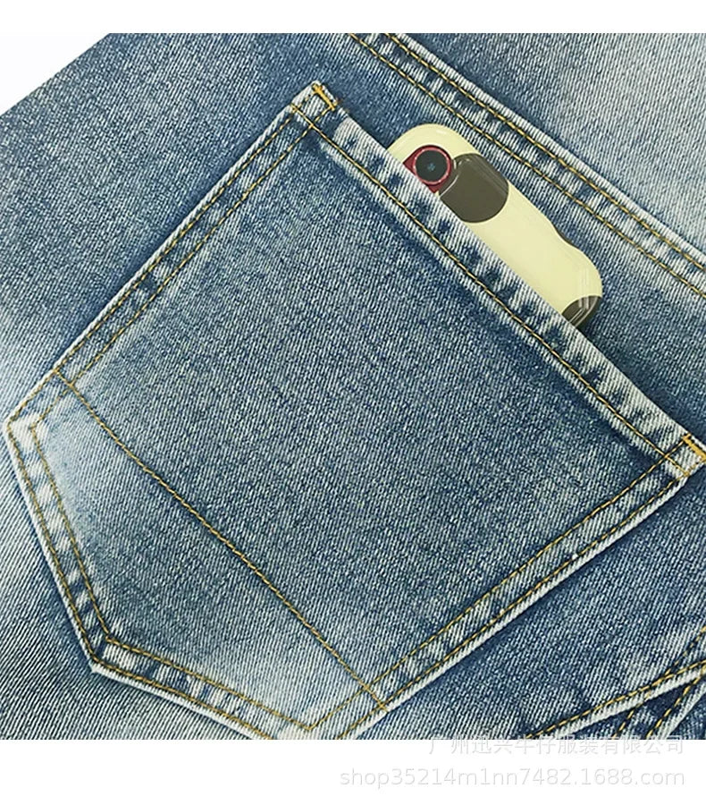 Jeans Men Long Pant Denim Pants Zipper Straight Trousers Pockets Splice Slim Fit Hole High Waist Casual Autumn spring 2026