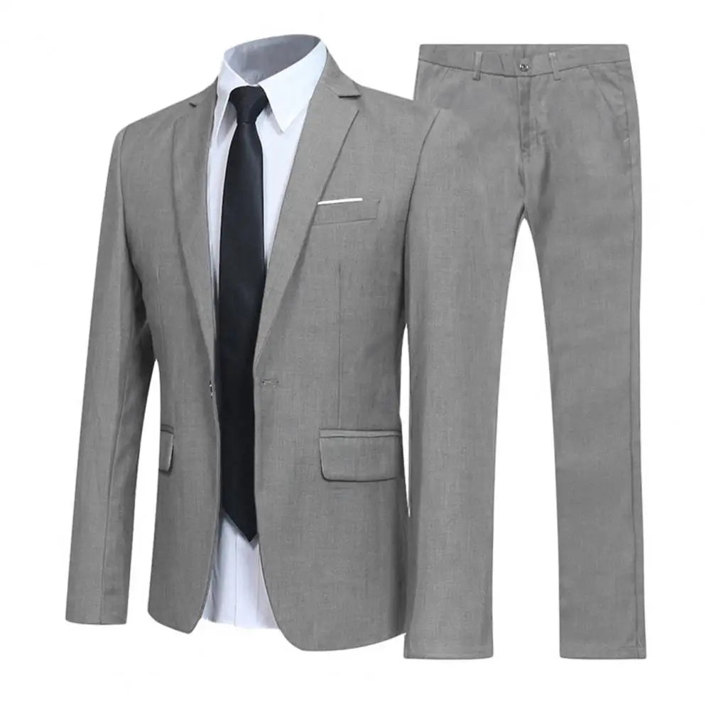 1 Set Men Jacket Pants Solid Color Turndown Collar Slim Fit Business Suit Set Groom Trousers for Wedding Office