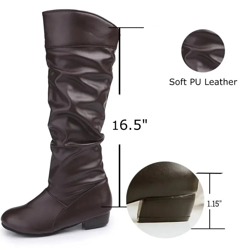 Quality Women's leather PU Knee High Boots Folding Slip on Winter High Boots Casual Low Heels White Black Long Slim Boots Ladies