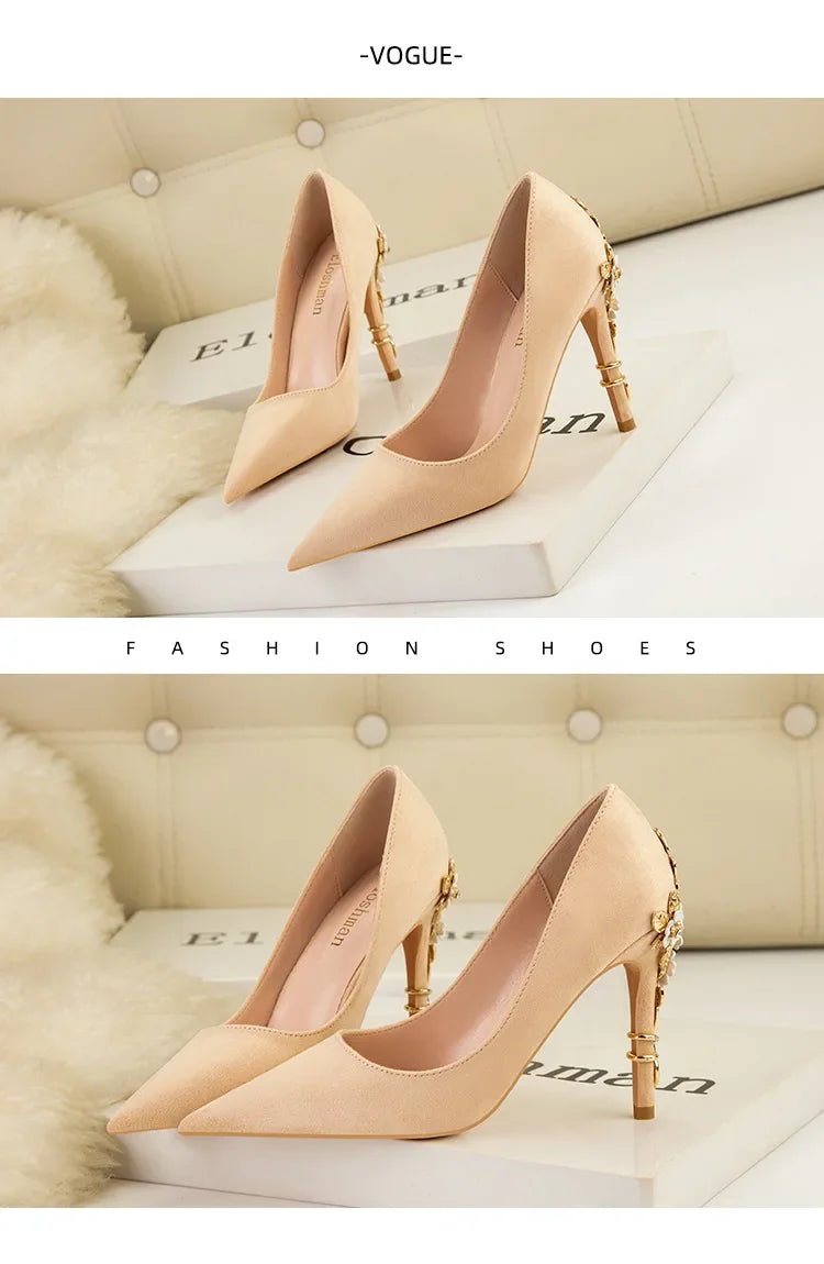 High End Metal Flower High Heels New European American Fashion Luxury Sexy Pointed Women's Shoes Banquet Party Casual Shoes