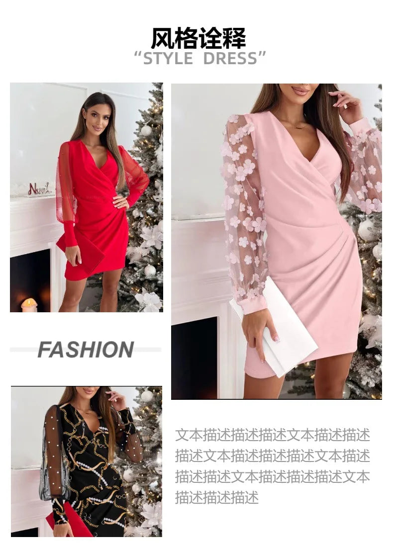 Women's Spring Autumn V-neck Lace Long Sleeve Bodycon Dress