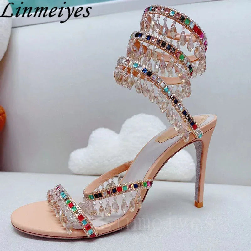 Summer High Heels Sandals Women Rhinestone String Bead Ankle Snake Twine Around Wedding Shoes Lady Gladiator Sandals Woman
