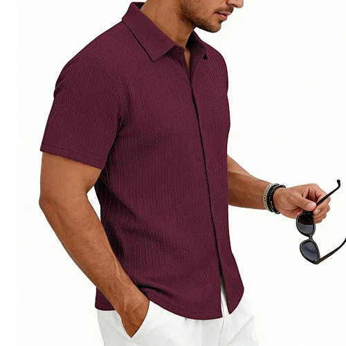 European and American Men's Casual Jacquard Shirt Men's Summer Solid Color Lapel Breathable Men's Short-Sleeved Shirt Top