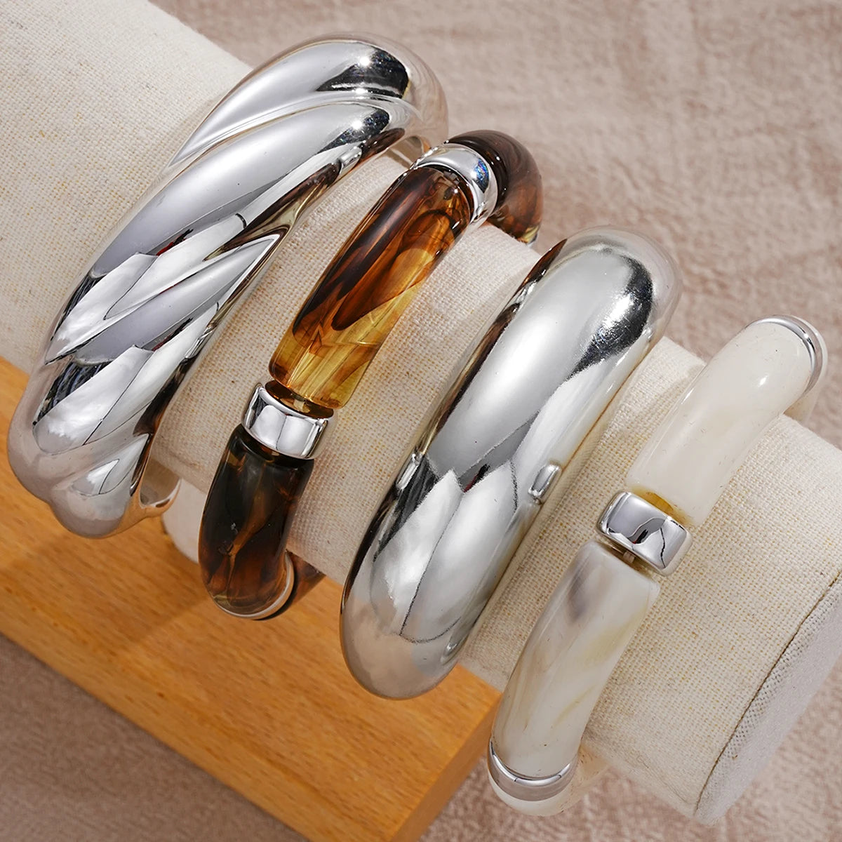 4 Pcs Exaggeration Irregular Geometric Wide Metal Bangles Women Acrylic Punk Chunky Cuff Elasticity Bracelets Minimalist Jewelry
