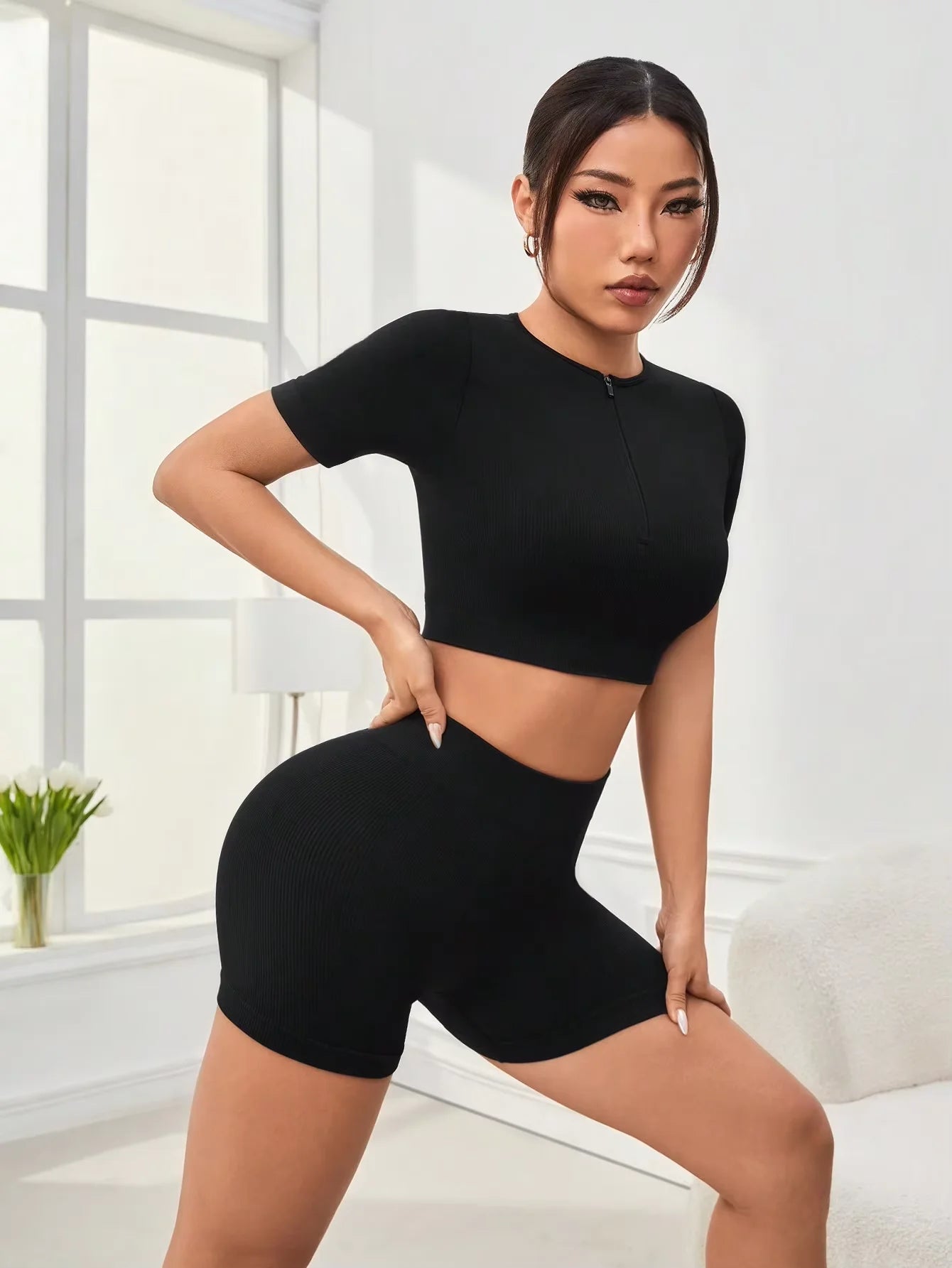 Women 2Pcs Gym Set Summer Short Sleeve Breathable Stretchy GYM Yoga Slim Fitness Active Top Quick Drying Cycling Set